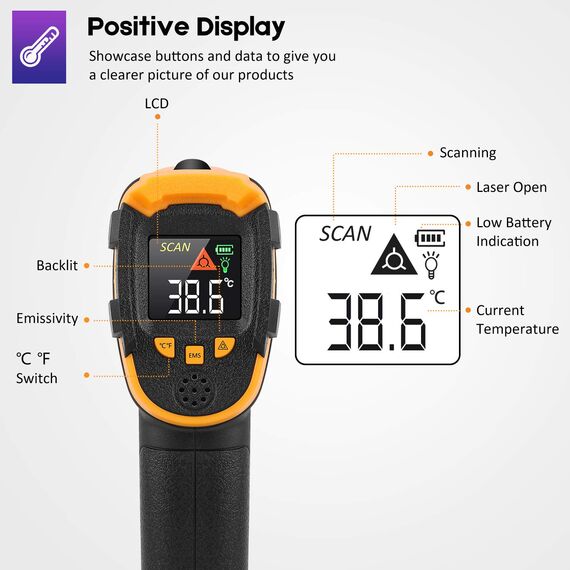 Infrarot Thermometer SOVARCATE Digitale Laser-Temperaturpistole -58°F~1112°F (-50°C～600°C) Nicht Menschliches Körperthermometer - für Kochen/Barbecue/Gefrierschrank/Industrie
