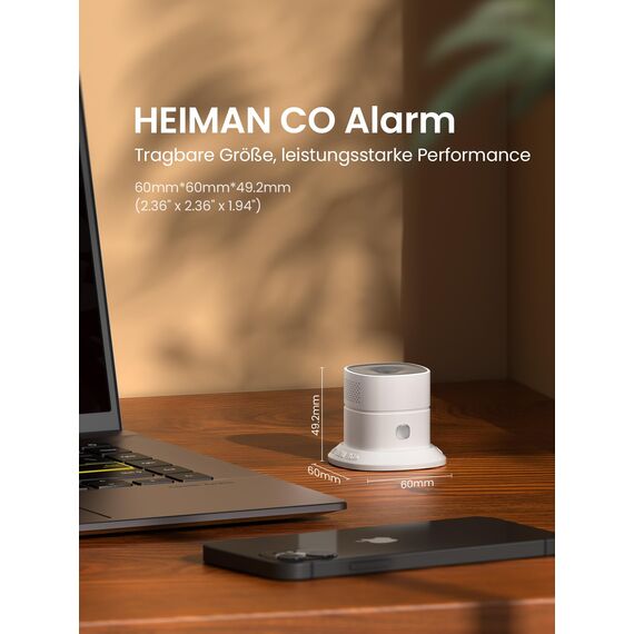 Heiman MINI Kohlenmonoxid-Melder mit Figaro-Sensor – 10 Jahre Sensorlebensdauer, CO Melder mit wechselbarer Batterie (10 Jahre) & 85 dB Alarm, EN 50291 konform
