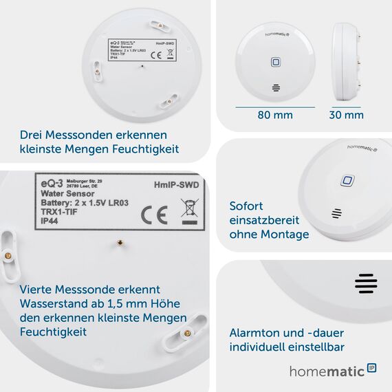 Homematic IP Smart Home 2er-Set Wassersensor, Wassermelder für zuverlässige Alarmierung per Sirene und Push-Benachrichtigung in der Smartphone-App bei Feuchtigkeit und Wasser, 151694A0