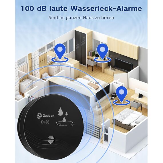Geevon Wassermelder, 100dB Wassersensor Alarm Flut-Detektor für Keller, Badezimmer, Waschküche, Küchen, Garagen und Dachböden, Wasseralarm (Batterie enthalten) (Schwarz 2 Packungen)