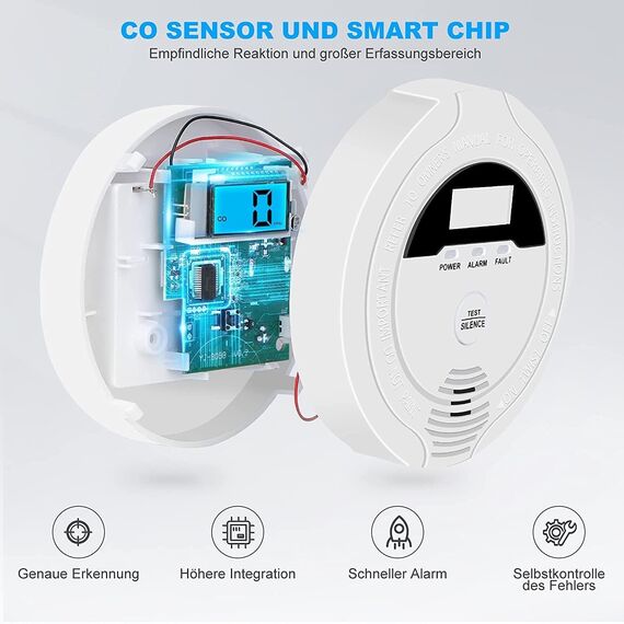 Kohlenmonoxid-Detektor, CO-Detektor mit digitaler LCD-Anzeige und akustischen Alarmen Carbon Monoxide Alarms Batteriebetrieben