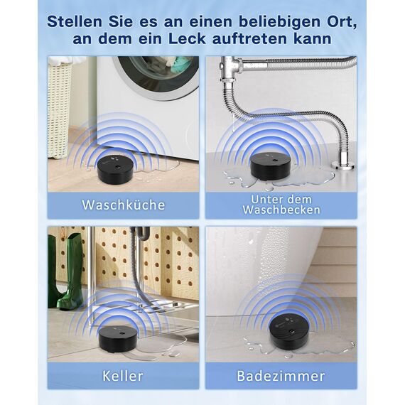 Geevon Wassermelder, 100dB Wassersensor Alarm Flut-Detektor für Keller, Badezimmer, Waschküche, Küchen, Garagen und Dachböden, Wasseralarm (Batterie enthalten) (Schwarz 2 Packungen)