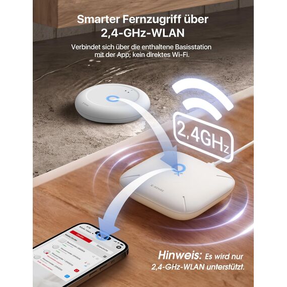 X-Sense Wassermelder WLAN mit SBS50 Basisstation, Smarter Wassermelder, App-Warnungen（nur 2.4Ghz）, wasserdicht nach IP67, Funk-Wassersensor für Küche, Bad, Keller, SWS0A41, 5er Set