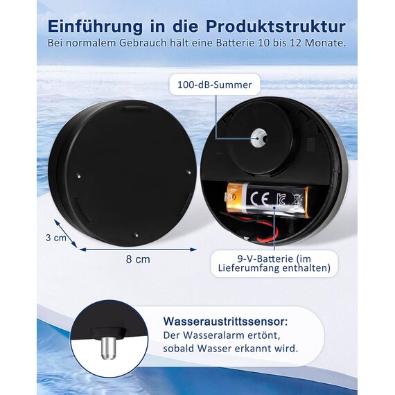 Geevon Wassermelder, 100dB Wassersensor Alarm Flut-Detektor für Keller, Badezimmer, Waschküche, Küchen, Garagen und Dachböden, Wasseralarm (Batterie enthalten) (Schwarz 2 Packungen)