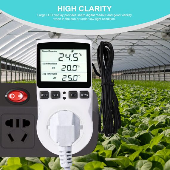 RUIZHI Digitaler Temperaturregler Steckdosen Heizung Kühlen Thermostat 250V mit Fühler Steckdose und Sonde LCD Bildschirm für Gewächshaus,Aquarium,Terrarium,Reptilien （EU