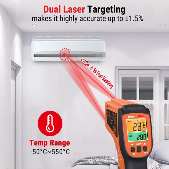 ThermoPro TP450 Doppel-Laser Infrarot-Thermometer Laser Temperaturmessgerät -50°C ~ 550°C (NICHT für Mensch) Messfleckverhältnis 16:1 MAX/MIN/AVG-Messwerte Ideal für Pizzaofen, Bodentemperatur