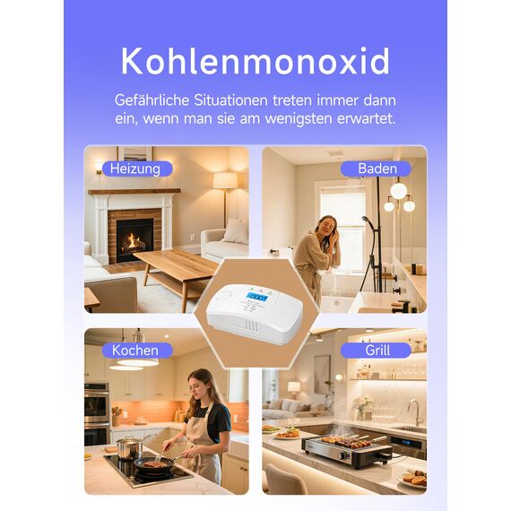 Heiman Kohlenmonoxid Melder mit LCD-Display – Elektrochemischer Sensor, 10 Jahre Gerätelebensdauer Kohlenmonoxidmelder, Austauschbare AA-Batterien, 85 dB CO-Alarm, EN 50291 Zertifiziert