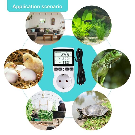 RUIZHI Digitaler Temperaturregler Steckdosen Heizung Kühlen Thermostat 250V mit Fühler Steckdose und Sonde LCD Bildschirm für Gewächshaus,Aquarium,Terrarium,Reptilien （EU