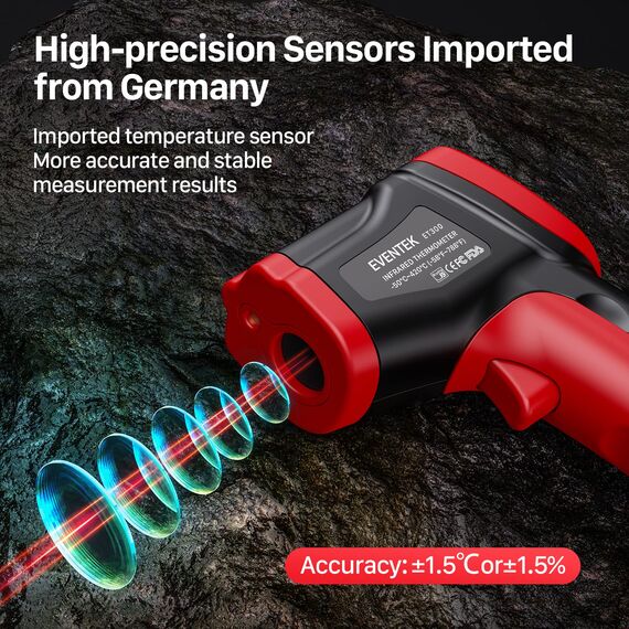 Eventek Infrarot-Thermometer, -50°C ~ 500°C Temperaturmessgerät mit LCD-Anzeige/Max/Min, Berührungsloses Digitales Laser Thermometer, Einstellbarer Emissionsgrad für Küche, Grill, Kühlung, Industrie