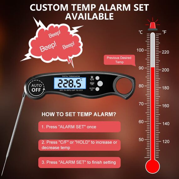 CIRYCASE Fleischthermometer Digital, Sofort Ablesbares Bratenthermometer Grillthermometer, Externe Sonde mit 2 Lange Sonde & Magnet, Alarmfunktion, Thermometer Laborthermometer für Küche, BBQ, Ofen