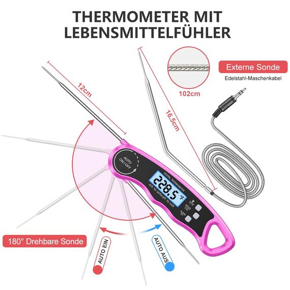CIRYCASE Fleischthermometer Digital, Sofort Lesen Bratenthermometer Ofenthermometer, Externe Lange Sonde mit 102cm-Edelstahlkabel, Zeigerthermometer, Backofenthermometer für Küche, BBQ, Ofen,Sound Bar