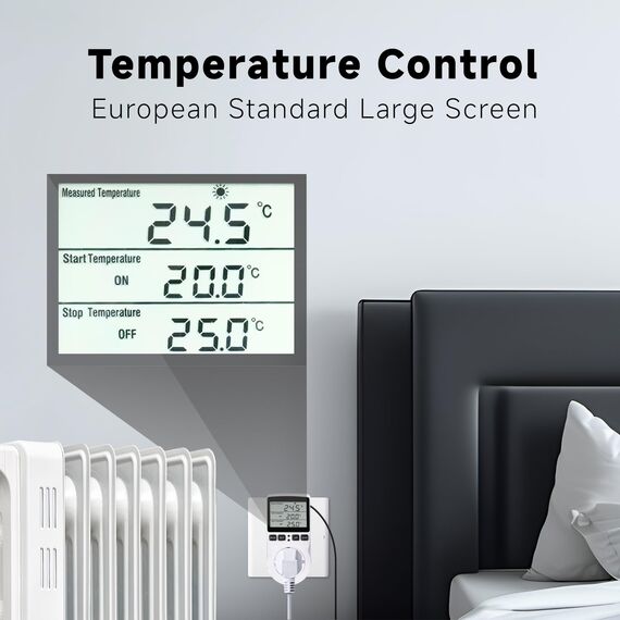 Digitales Thermostat Steckdose 250V mit Temperaturfühler & LCD - Heizung/Kühlung für Gewächshaus, Terrarium, Aquarium, Reptilien (EU-Stecker)