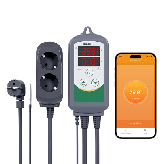 Inkbird Heizen Kühlen Thermostat, ITC-308-WIFI Steckdose Temperaturregler Fernsteuerung per App, Grau, Wi-Fi