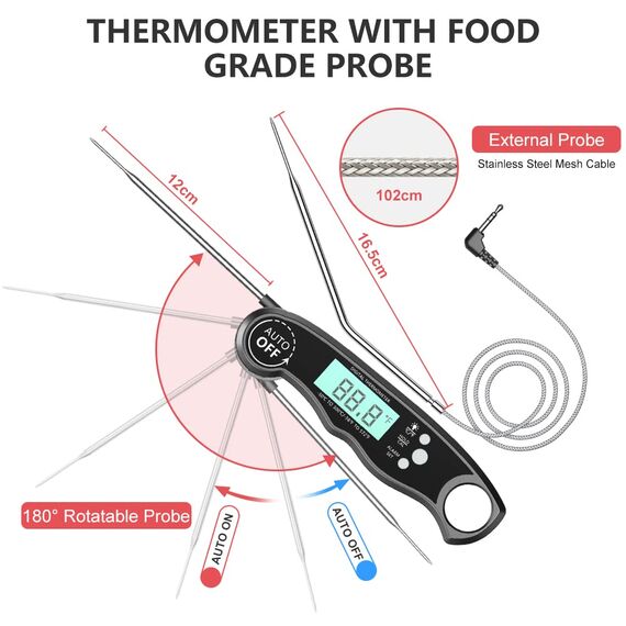 CIRYCASE Fleischthermometer Digital, Sofort Ablesbares Bratenthermometer Grillthermometer, Externe Sonde mit 2 Lange Sonde & Magnet, Alarmfunktion, Thermometer Laborthermometer für Küche, BBQ, Ofen