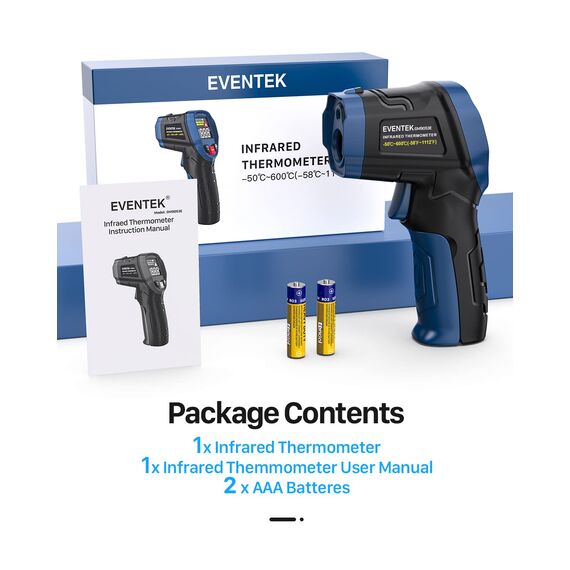 Eventek Infrarot Thermometer, -50°C ~ 600°C Temperaturmessgerät, 0,1-1,0 Einstellbarer Emissionsgrad Laser Thermometer, Farbiger HD-Bildschirm Thermometer für Küche, Pizza, Kühlung, Industrie, Blau
