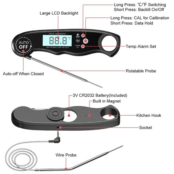 CIRYCASE Fleischthermometer Digital, Sofort Ablesbares Bratenthermometer Grillthermometer, Externe Sonde mit 2 Lange Sonde & Magnet, Alarmfunktion, Thermometer Laborthermometer für Küche, BBQ, Ofen