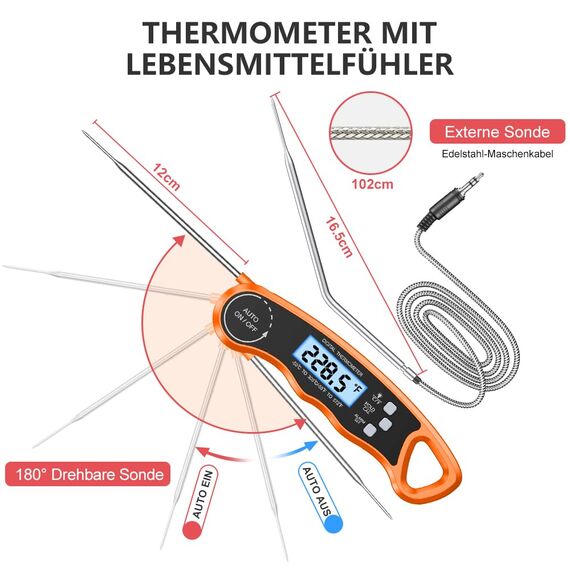 CIRYCASE Fleischthermometer Digital, Sofort Lesen Bratenthermometer Ofenthermometer, Externe Lange Sonde mit 102cm-Edelstahlkabel, Zeigerthermometer, Backofenthermometer für Küche, BBQ, Ofen, Backen