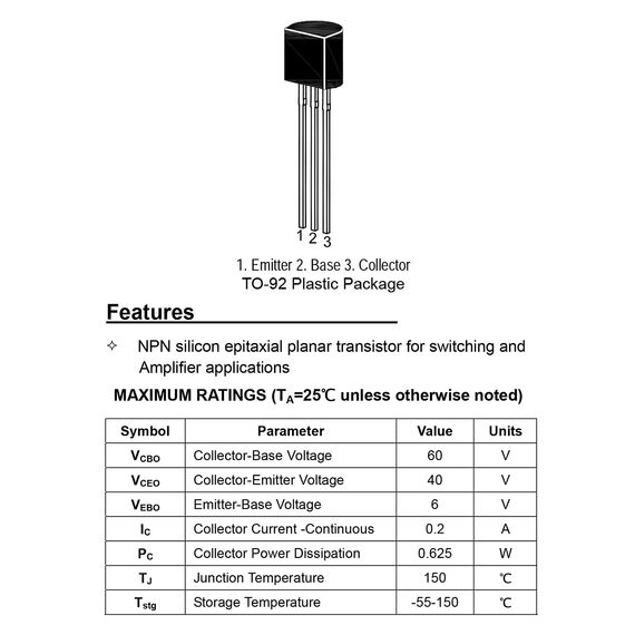 ALLECIN 2N3904 NPN Transistor Allzweck Verstärker TO-92 Silizium Transistoren für DIY 60V 200 mA (Packung mit 200 Stück)
