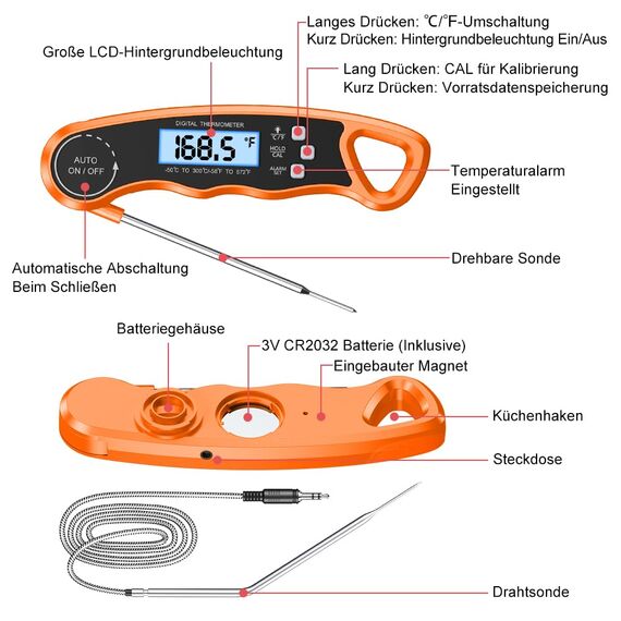 CIRYCASE Fleischthermometer Digital, Sofort Lesen Bratenthermometer Ofenthermometer, Externe Lange Sonde mit 102cm-Edelstahlkabel, Zeigerthermometer, Backofenthermometer für Küche, BBQ, Ofen, Backen