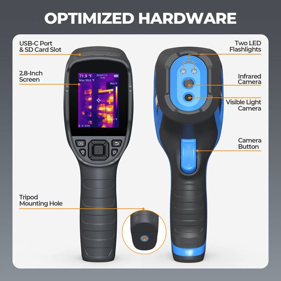 TOPDON Wärmebildkamera TC005, 320 * 240 TISR Auflösung mit 2MP Visuelle Kamera, 32GB, 12 Stunden Akkulaufzeit, -20°C ~ 550°C, Infrarot Kamera mit PC 2D/3D-Analyse, für HVAC, Elektronische Inspektion