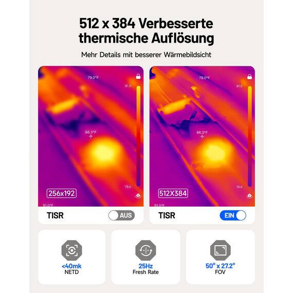 TOPDON TC002C Duo Wärmebildkamera für Android iPhone iOS, 512×384 TISR-Superauflösung Infrarot Kamera mit USB-C, 25Hz, 40mK, -20°C bis 550°C, zur Inspektion von Gebäuden, Fahrzeugen, Leckagen, HLK