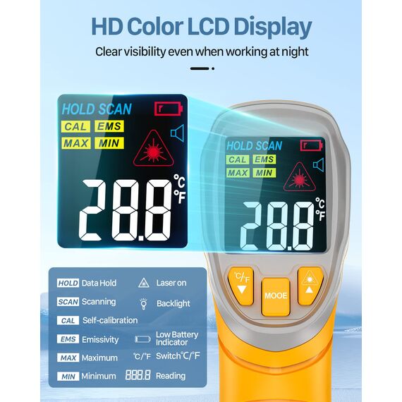 Eventek Infrarot Thermometer, -50°C ~ 600°C Temperaturmessgerät, 0,1-1,0 Einstellbarer Emissionsgrad Laser Thermometer, Farbiger HD-Bildschirm Thermometer für Küche, Pizza, Kühlung, Industrie, Gelb