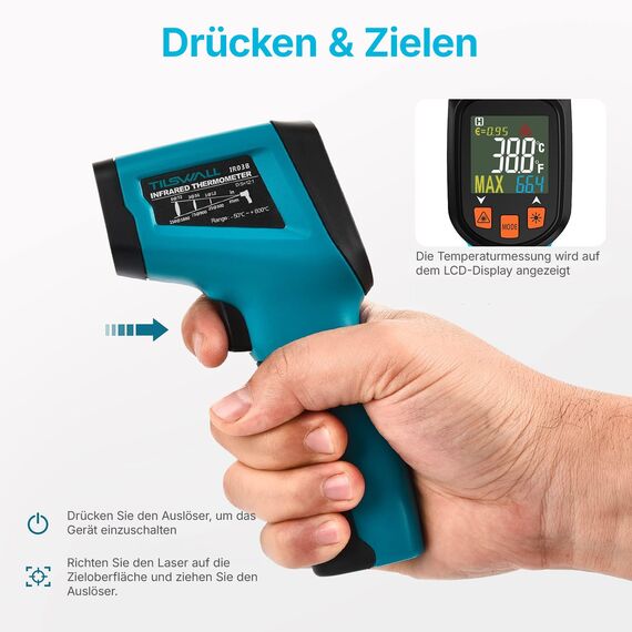 Tilswall Infrarot Thermometer(nicht für Menschen) -50°C bis 600°C IR Digital Laser Temperaturmessgerät für Kochen/Barbecue/Pizza Oven/Gefrierschrank/Industrie (Fleischthermometer inklusive)