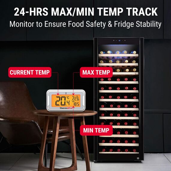 ThermoPro Kühlschrankthermometer Digital mit großem LCD-Display und Hintergrundbeleuchtung Gefrierschrank-thermometer mit Max/Min-Aufzeichnung Thermometer mit Magnet- und Ständeroptionen