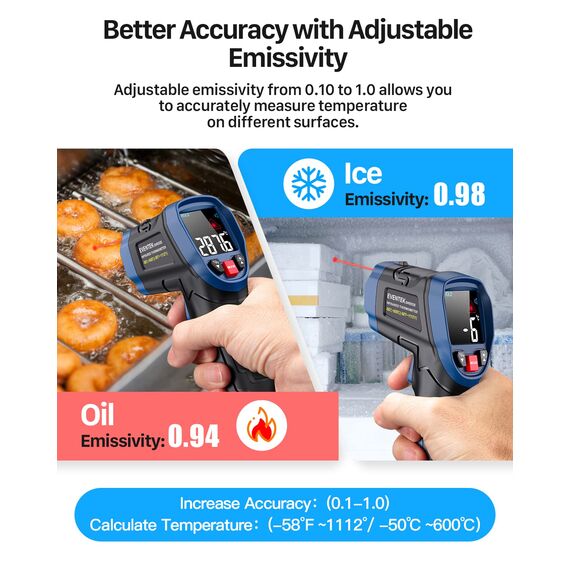 Eventek Infrarot Thermometer, -50°C ~ 600°C Temperaturmessgerät, 0,1-1,0 Einstellbarer Emissionsgrad Laser Thermometer, Farbiger HD-Bildschirm Thermometer für Küche, Pizza, Kühlung, Industrie, Blau