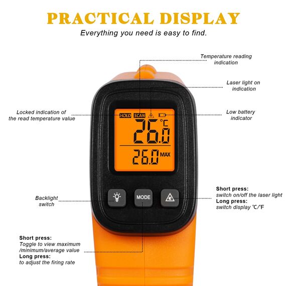 GLOSKIN Infrarot-Thermometer, Laser Thermometer -50°C-550°C, LCD-Anzeige Einstellbares Digital Thermometer (Nicht für Menschen) für Kochen/Pizzaöfen/Gefrierschränke/Industrie