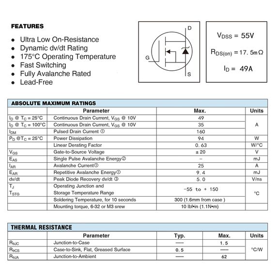 ALLECIN 20 Stück IRFZ44N IRFZ44 IRFZ44PBF MOSFET-Transistoren Leistungstransistor Gleichrichters 49 A 55 V N-Kanal-Gleichrichter 49 Ampere 55 Volt TO-220