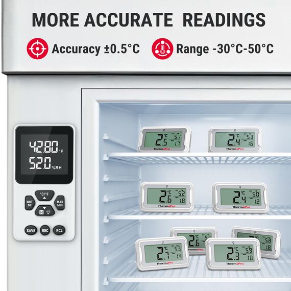 ThermoPro Kühlschrankthermometer Digital Gefrierschrank-thermometer mit großem LCD-Display & Hintergrundbeleuchtung, Max/Min-Aufzeichnung Thermometer mit Magnet- und Ständeroptionen 4 Stücke