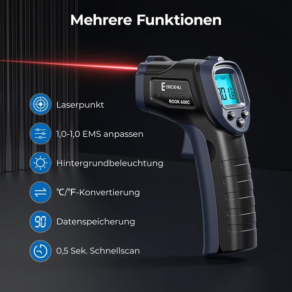 ERICKHILL Infrarot Thermometer -50℃~600℃ Berührungslose digitale Laser-Temperaturpistole LCD-Display mit Einstellbarer Emissionsgrad - für Kochen/Barbecue/Gefrierschrank/Industrie, Schwarz Blau
