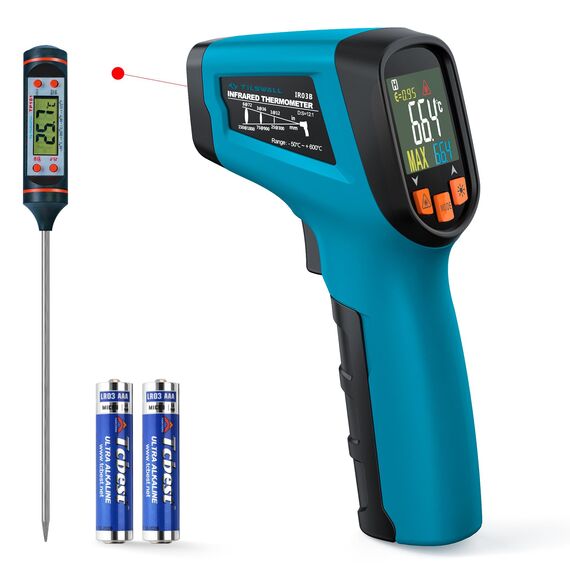 Tilswall Infrarot Thermometer(nicht für Menschen) -50°C bis 600°C IR Digital Laser Temperaturmessgerät für Kochen/Barbecue/Pizza Oven/Gefrierschrank/Industrie (Fleischthermometer inklusive)