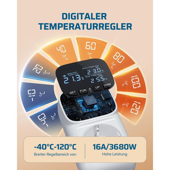 DEWENWILS Temperaturregler, Deutsches Display, Temperaturschalter mit Fühler 230V, Digital Thermostat Steckdose, Temperaturwächter mit Heiz- und Kühlmodus für Gewächshaus, Terrarium, Kühlschrank