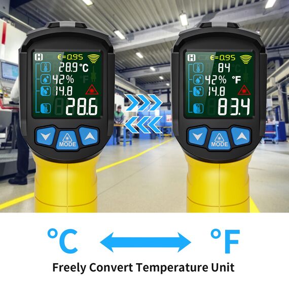 Infrarot Thermometer Laser MESTEK Temperaturmessgerät mit K-Sonde IR Pyrometer -50°C bis 800°C Berührungslos Farbe LCD Alarmfunktion Einstellbarer Emissionsgrad für Küche