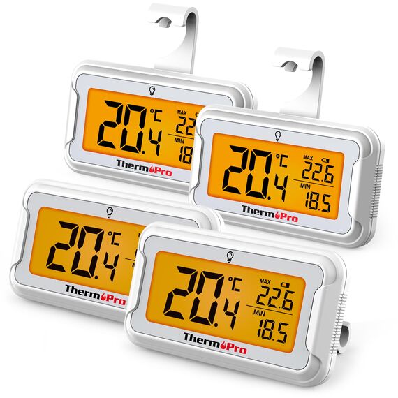 ThermoPro Kühlschrankthermometer Digital Gefrierschrank-thermometer mit großem LCD-Display & Hintergrundbeleuchtung, Max/Min-Aufzeichnung Thermometer mit Magnet- und Ständeroptionen 4 Stücke