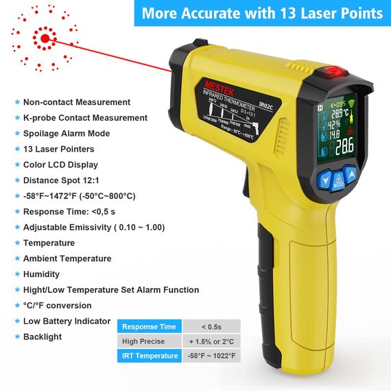 Infrarot Thermometer Laser MESTEK Temperaturmessgerät mit K-Sonde IR Pyrometer -50°C bis 800°C Berührungslos Farbe LCD Alarmfunktion Einstellbarer Emissionsgrad für Küche