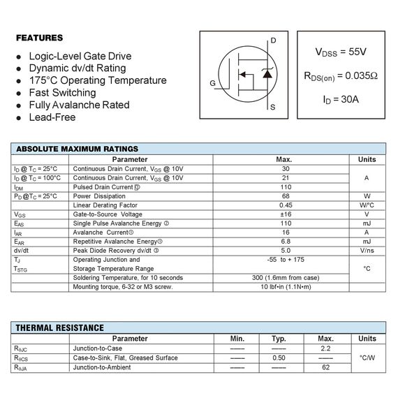 ALLECIN 10 Stück IRLZ34N IRLZ34 IRLZ34NPBF MOSFET-Transistoren 30A 55V N-Kanal-Leistungs-Mosfets-Transistor 30 Ampere 55 Volt TO-220