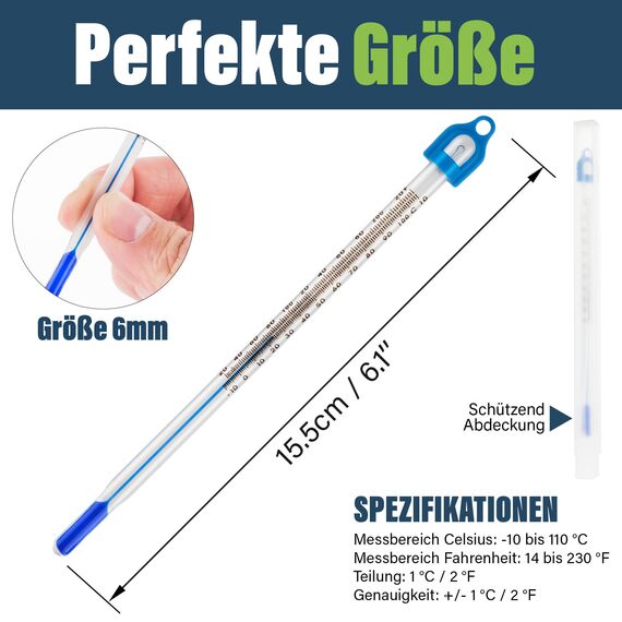 Wasserthermometer für Wassertemperatur und Flüssigkeiten - Laborthermometer Bereich: -10 bis +110 °C, 155 mm, Eintauchlabor Glasthermometer gefüllt mit blauer Flüssigkeit