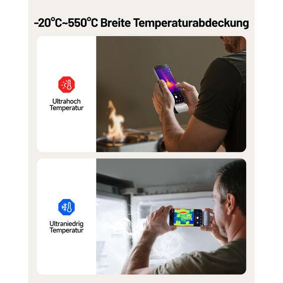 TOPDON TC002C Duo Wärmebildkamera für Android iPhone iOS, 512×384 TISR-Superauflösung Infrarot Kamera mit USB-C, 25Hz, 40mK, -20°C bis 550°C, zur Inspektion von Gebäuden, Fahrzeugen, Leckagen, HLK