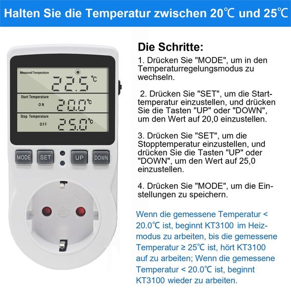 KETOTEK Temperaturregler Steckdose 230V mit Fühler Digital Thermostat Steckdose Heizung Kühlung Temperaturschalter für Gewächshaus Kühlschrank Weiß