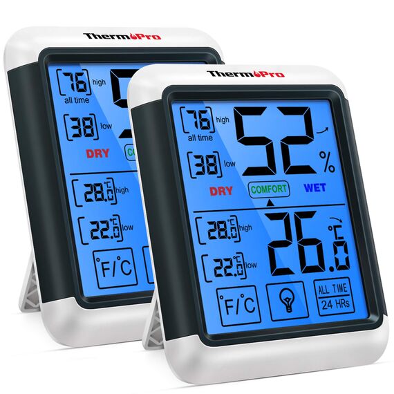 ThermoPro TP55 digitales Thermo-Hygrometer Innen Thermometer Hygrometer Temperatur- und Luftfeuchtigkeitmessgerät mit Indikator 2er Set für Raumklimakontrolle