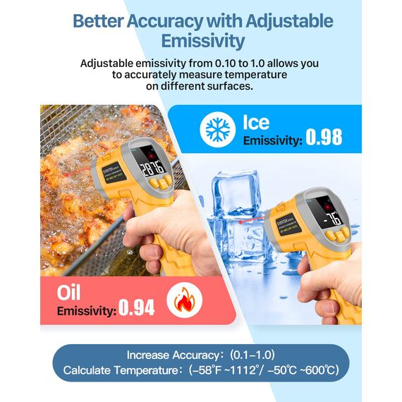 Eventek Infrarot Thermometer, -50°C ~ 600°C Temperaturmessgerät, 0,1-1,0 Einstellbarer Emissionsgrad Laser Thermometer, Farbiger HD-Bildschirm Thermometer für Küche, Pizza, Kühlung, Industrie, Gelb