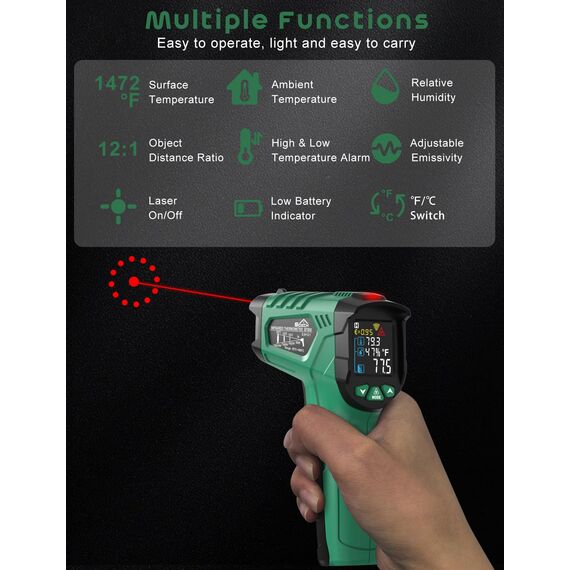 Infrarot-Thermometer, SQECH Temperaturmessgerät -50℃～800℃(-58℉～1472℉), mit Umgebungstemperatur/Luftfeuchtigkeit/Einstellbarem Emissionsgrad/Farbiger Hintergrundbeleuchtung, für Kochen, Motoren, HLK