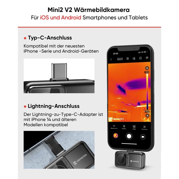 HIKMICRO Mini2 V2 Wärmebildkamera für Android/iOS, 256×192 IR-Auflösung, Thermobildkamera, 512×384 SuperIR, unterstützt iPhone 15/16/17, 25Hz, USB-C/Lightning-Anschluss(Kein Zubehör)
