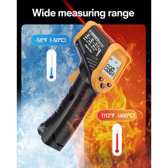 Eventek Infrarot-thermometer, -50°C bis 600°C Temperaturmessgerät Digital Infrarot Thermometer mit Max/min, laser thermometer mit 304 Fleischthermometer, für Küche, Pizzaofen, Oven, Nicht für Menschen
