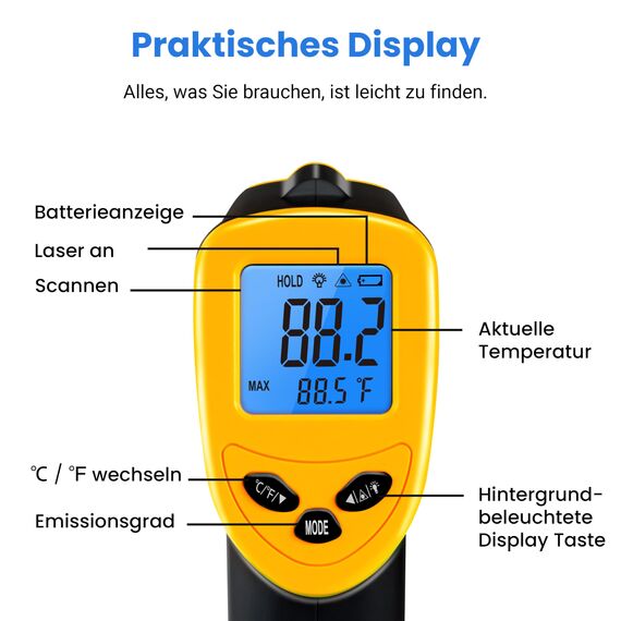 Etekcity Infrarot Thermometer -50 bis +610°C, Digital IR Pyrometer berührungslos Temperaturmessgerät, LCD Beleuchtung (Nicht für Menschen) für Kochen/Pizza Oven/Gefrierschrank/Industrie