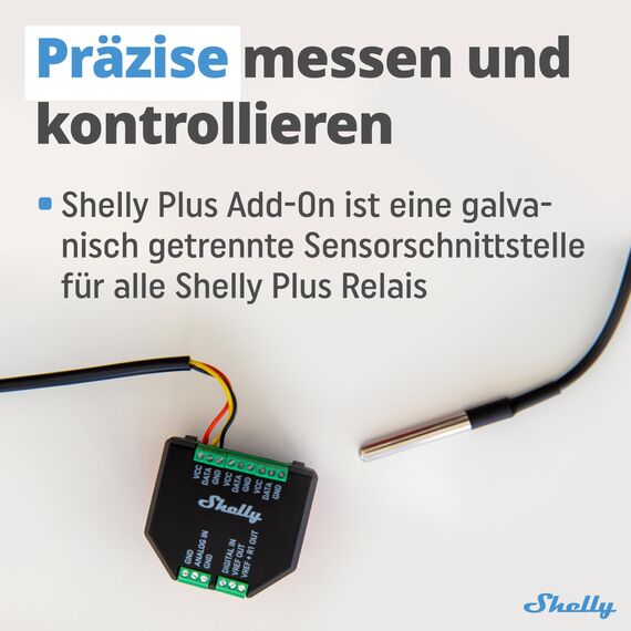 Shelly Plus Add-On - Add-On für Shelly Plus & Gen3 Geräte, Schnittstelle für Temperatur- und Luftfeuchtigkeitssensoren, DS18B20, DHT22 & Arduino Sensoren, Analoger und Digitaler Eingang