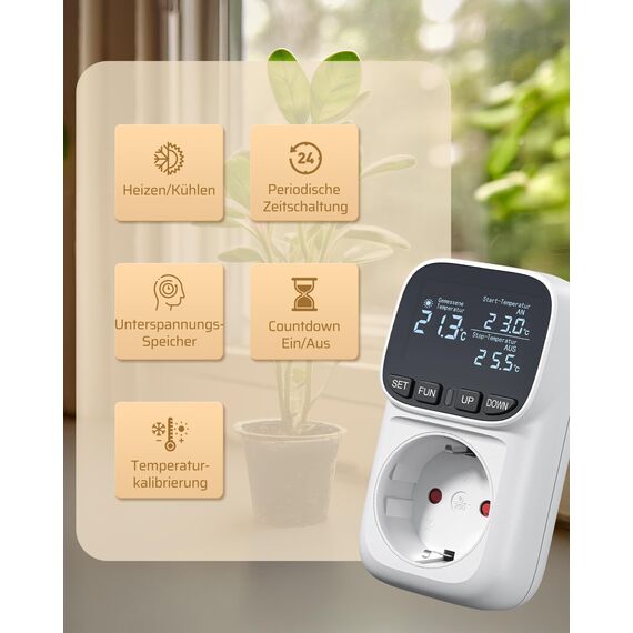 DEWENWILS Temperaturregler, Deutsches Display, Temperaturschalter mit Fühler 230V, Digital Thermostat Steckdose, Temperaturwächter mit Heiz- und Kühlmodus für Gewächshaus, Terrarium, Kühlschrank